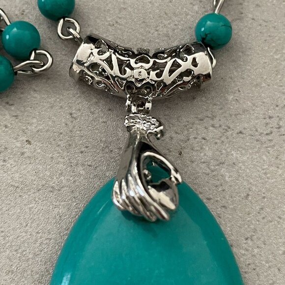 Blue Howlite Silver Hand Heart Teardrop Pendant Beaded Chain Necklace 12" Drop - Picture 3 of 7